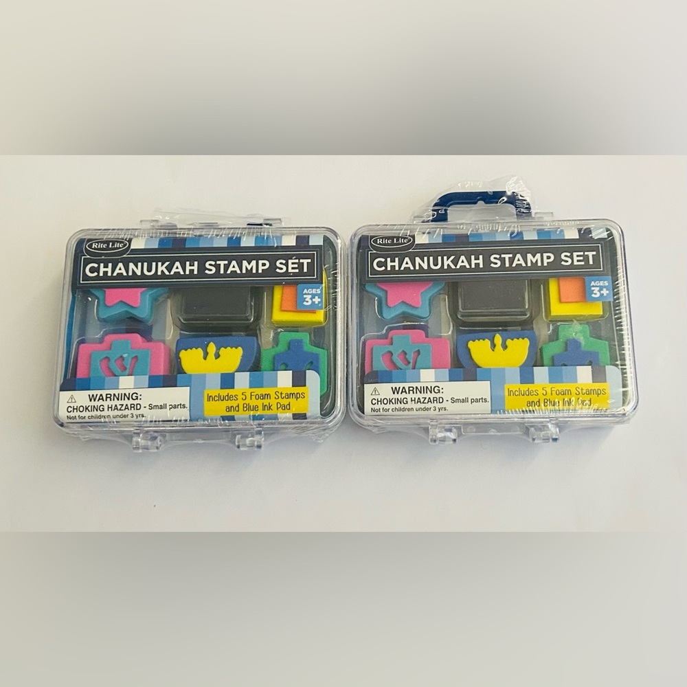 New 2 Chanukah Stamping Sets Foam Stamps Blue Ink Pad Dreidels Menorah Star Gift